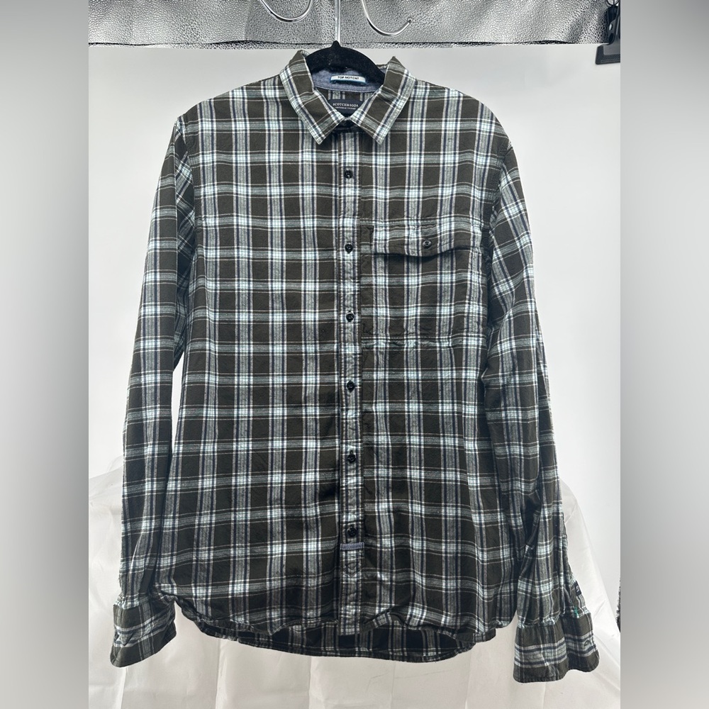 Scotch Soda Flannel Shirt Mens Medium Olive Green Plaid Button Down Long Sleeve